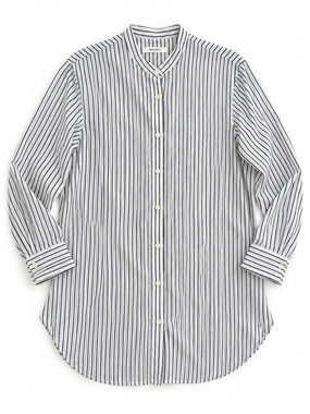 MOUSSY Striped Collarless Button-Up Shirt | White Grey Pinstripe Long Sleeve